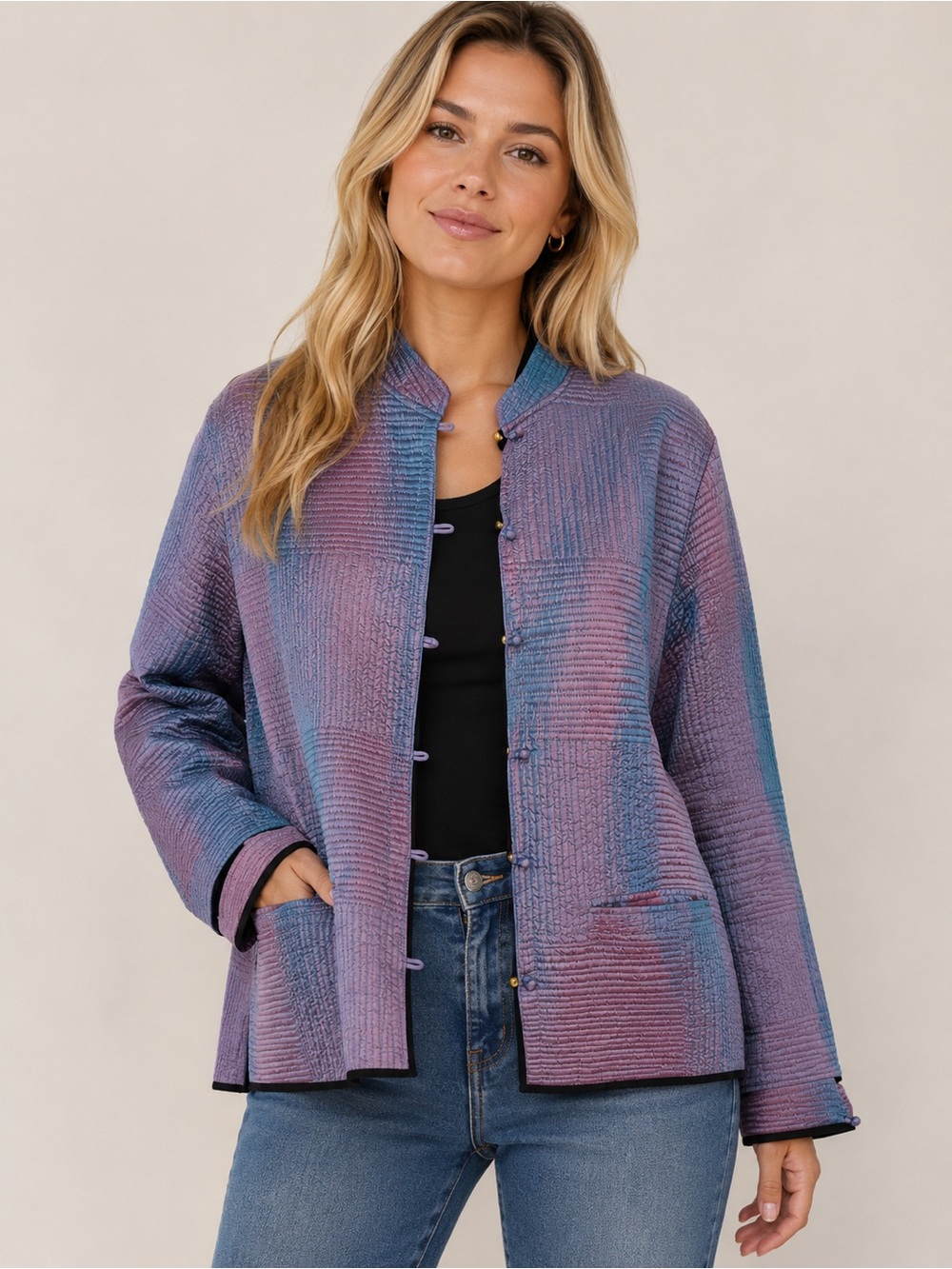 Sam Hilu Classic 100% Silk Quilted Jacket Purple Blue Mandarin Collar Size M